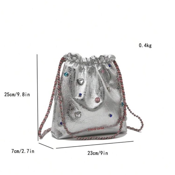 Chic Silver Metallic & Pink Multi Embellish Vanity Leather Crossbody Bag OS New - Picture 6 of 7